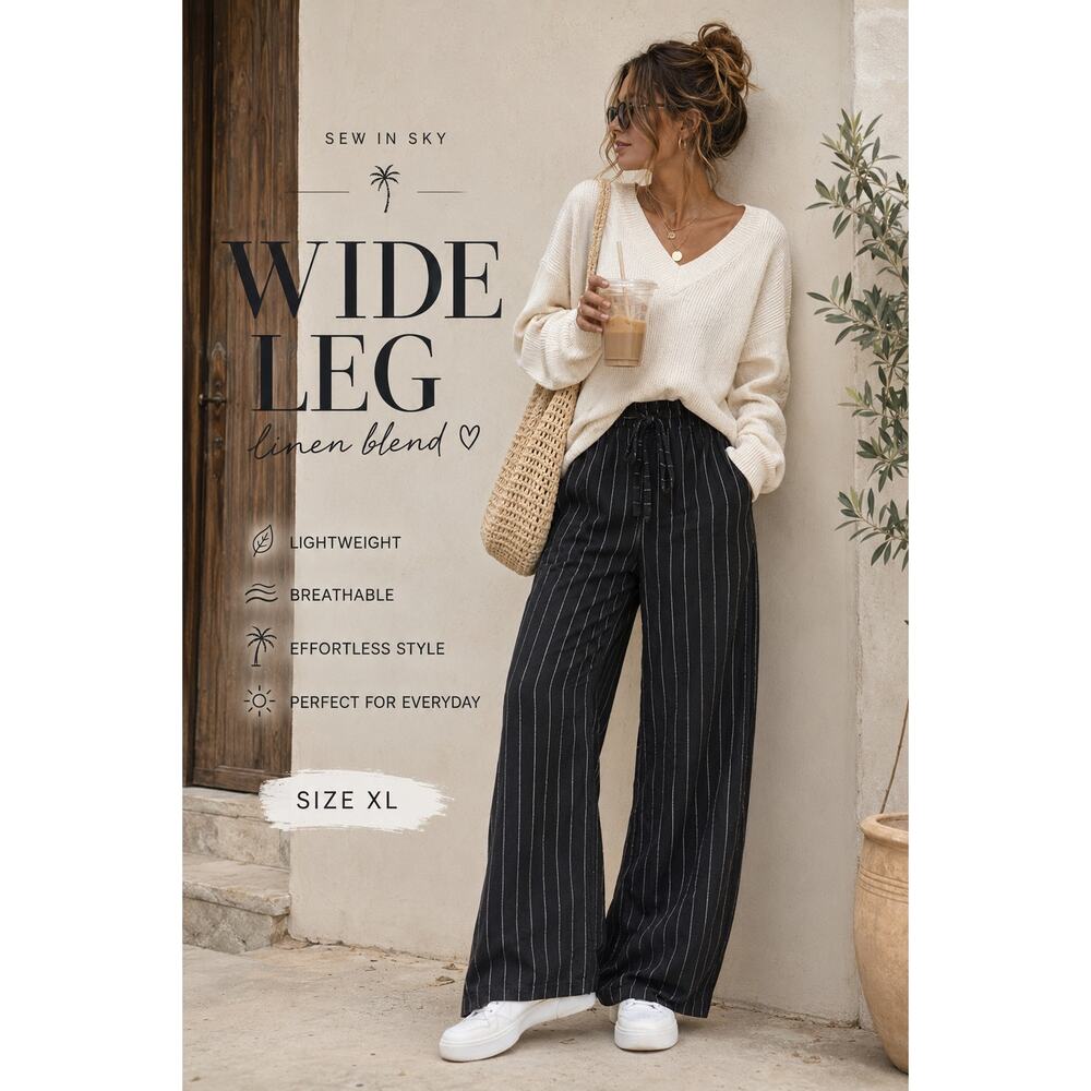Sew In Sky Black Pinstripe Wide Leg Linen Blend Pants XL Boho Coastal